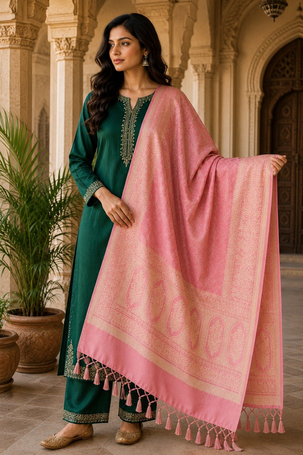 Model draped in a Acrylic Shawl, Acrylic Shawl Blush Rose design